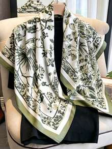 1pc Spring/Summer Pastoral Floral Print Faux Silk Square Scarf, Outerwear Decoration, Silk Scarf Shawl High-End Neck Scarf Tie Neck Square Scarf Small Square Scarf Headscarf Scarf For Women - Green - View 6