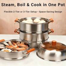 3-Tier Heavy-Duty Stainless Steel Steamer Pot With Glass Lid-Large-Capacity Multi-Use Steamer For Dumplings, Seafood & Vegetables, Wooden Cool-Touch Handles, Induction & Gas Compatible, Premium Kitchen Cookware - View 7