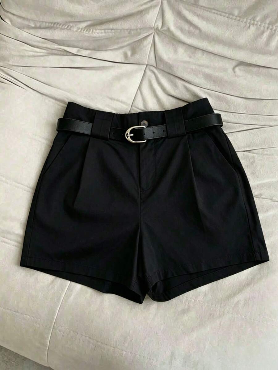 新款女款經典高腰百褶A字短褲,夏季百搭必備單品,修身休閒短褲,運動黑 - 黑色 - 查看 1