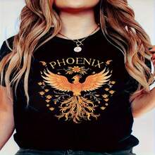 1 pieza de Mujer Playera de manga corta 100% algodón puro, cuello redondo casual con estampado, manga corta transpirable para uso diario. Phoenix Rising flores exuberantes y ardor. - Negro - Ver 2