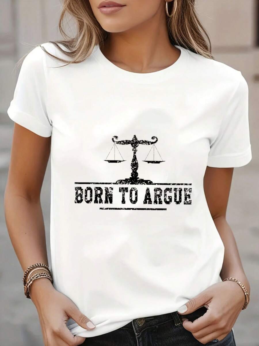 Camiseta gráfica para mujer "Born to Argue" - Cuello redondo casual, manga corta, estampado geométrico, lavable a máquina - Opción perfecta para primavera y verano, ropa cómoda.| Camiseta co - negro - Ver 1