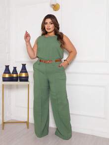 Elegant Women's Two-Piece Set In Green, Consisting Of A Sleeveless Tank Top With A Round Neckline And Wide-Leg Trousers With A Belt, Perfect For A Casual Autumn Look. - 薄荷綠 - 查看 4