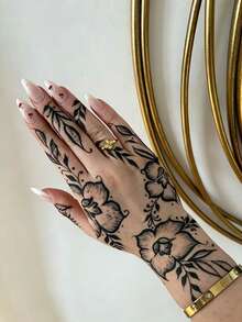 1pc Washable Black Henna Floral Vine Tattoo Sticker, Waterproof Long-Lasting Hand Back Realistic Temporary Tattoo Decal, Lasts 2-3 Days - 黑色 - 查看 4