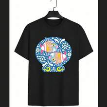 Camisetas unisex, tops, camisetas para hombre, camisetas para mujer, camisetas estampadas, camisetas de manga corta, a la moda, informales, con temática de peces. - Negro - Ver 1