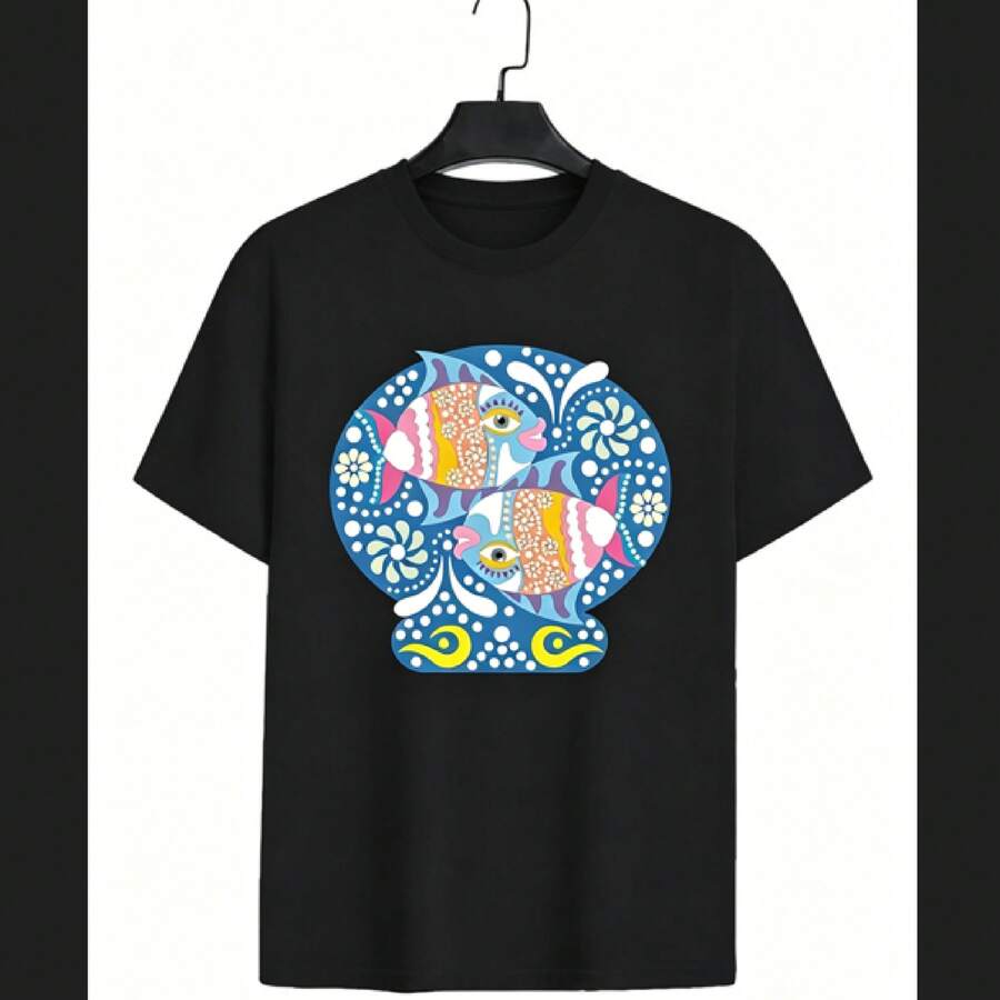 Camisetas unisex, tops, camisetas para hombre, camisetas para mujer, camisetas estampadas, camisetas de manga corta, a la moda, informales, con temática de peces. - Negro - Ver 1