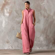 Women's Sleeveless Collared Button Front Top And Wide Leg Pants Two Piece Set Casual Linen Blend Outfit Collection - Green - View 5
