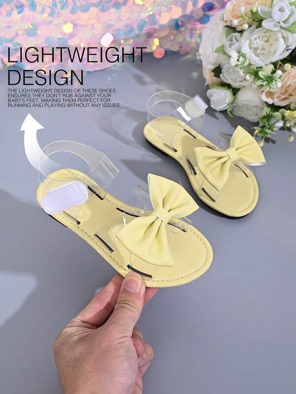 1 Pair Girls' Yellow Bow Decor Transparent Strap Sandals, Open Toe Flat Summer Shoes, Non-Slip Soft Sole Princess Style Kids Shoes, Adjustable Ankle Strap Beach Sandals