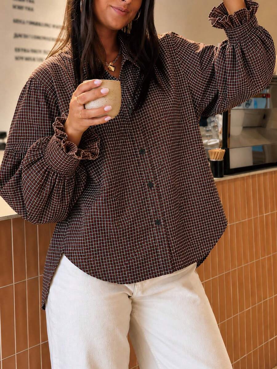 Women's Brown Plaid Button Loose Shirt, Ruffle Cuff Sleeve Blouse, Suitable For Office, Vacation, Daily Wear, Spring, Autumn, Winter - Coffee Brown - View 1