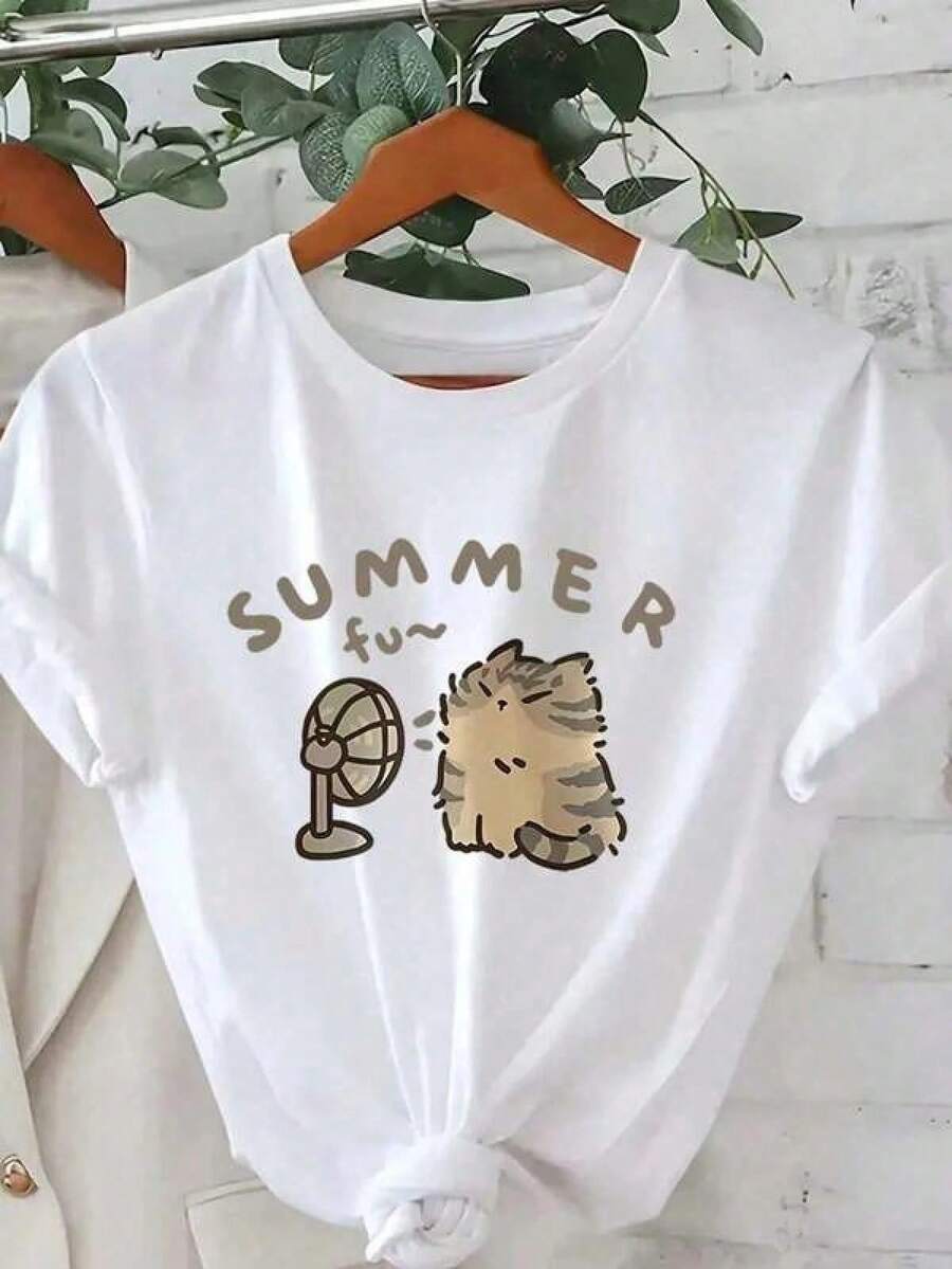 Camiseta de manga corta blanca minimalista Sparklyn para adolescentes en verano, camiseta de manga corta con estampado tropical para chicas. - Negro - Ver 1
