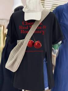 Korean Style INS Cherry Print T-Shirt Women's White Side Slit Loose Casual Versatile Top American Vintage Cherries Letter Cherry T-Shirt Side Black - Black - View 3