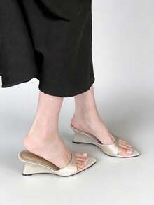 Pointed Toe Wedge Slide Sandals, New Summer Flat Thong Sandals, Unique Design High Heel Shoes For Women - Beige - View 4