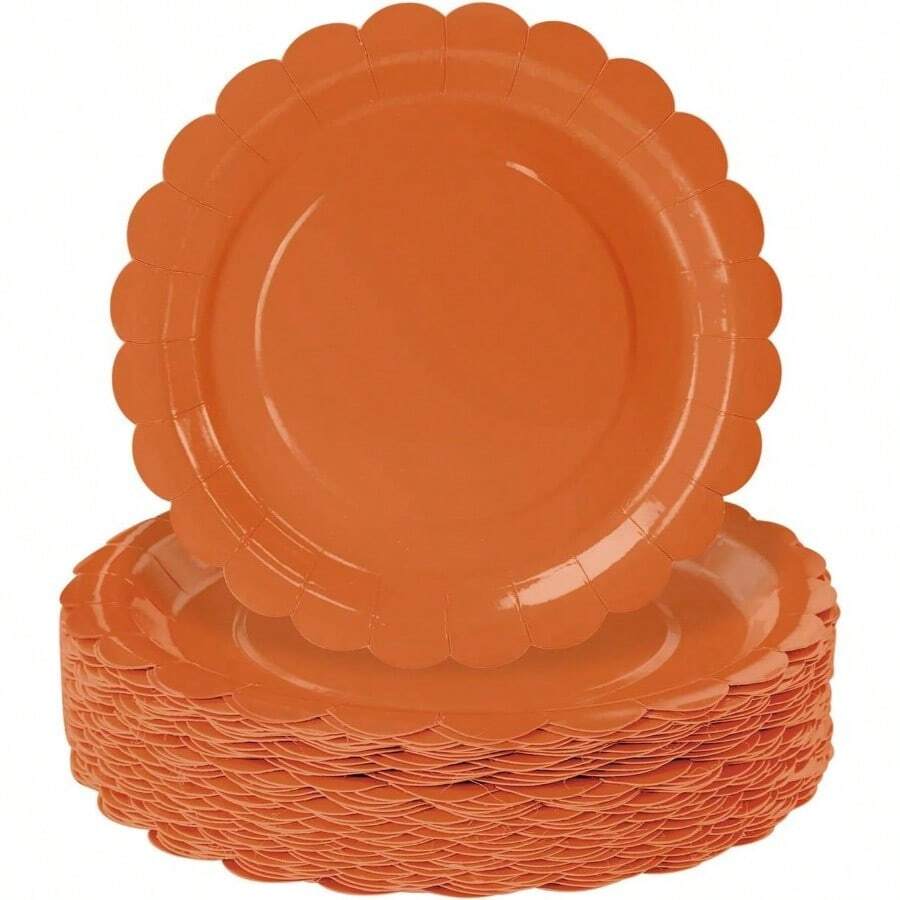 50 platos de papel naranja de 9 pulgadas, platos festoneados de color naranja para boda, shower, de cumpleaos, plato de postre - Platos de papel naranja de 9 pulgadas - Ver 1