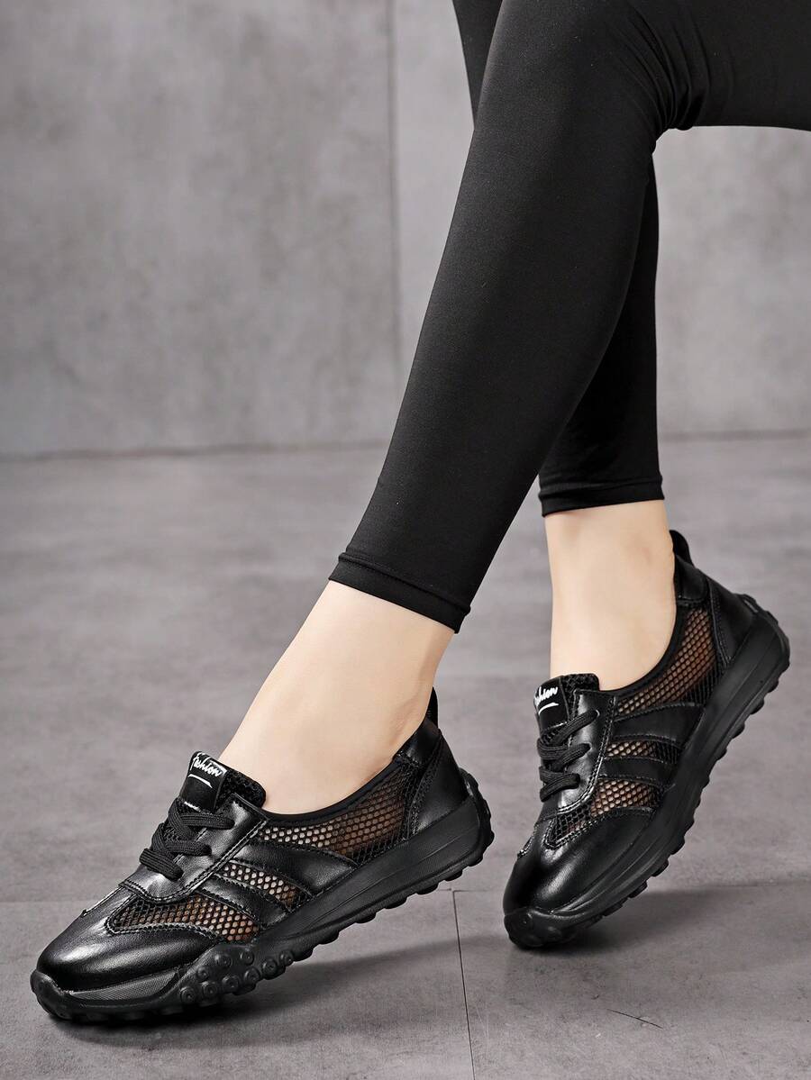 Women's Breathable Flat Round Toe Slip-On Low Vamp Shoes Spring Summer Lace Lightweight Comfortable Soft Sole Low-Top Slouchy Sports Shoes - Black - View 1