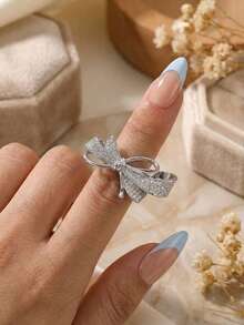 1 pieza Anillo de cobre con base de circonita y lazo adorable, joyería apilable de verano - Plateado - Ver 4