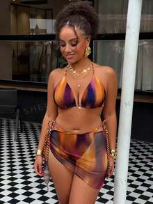 Swim Conjunto de bikini de triángulo con cuello de halter y falda pareo, traje de baño de 3 piezas para playa, talla, Primavera/Verano 2026 - Multicolor - Ver 1