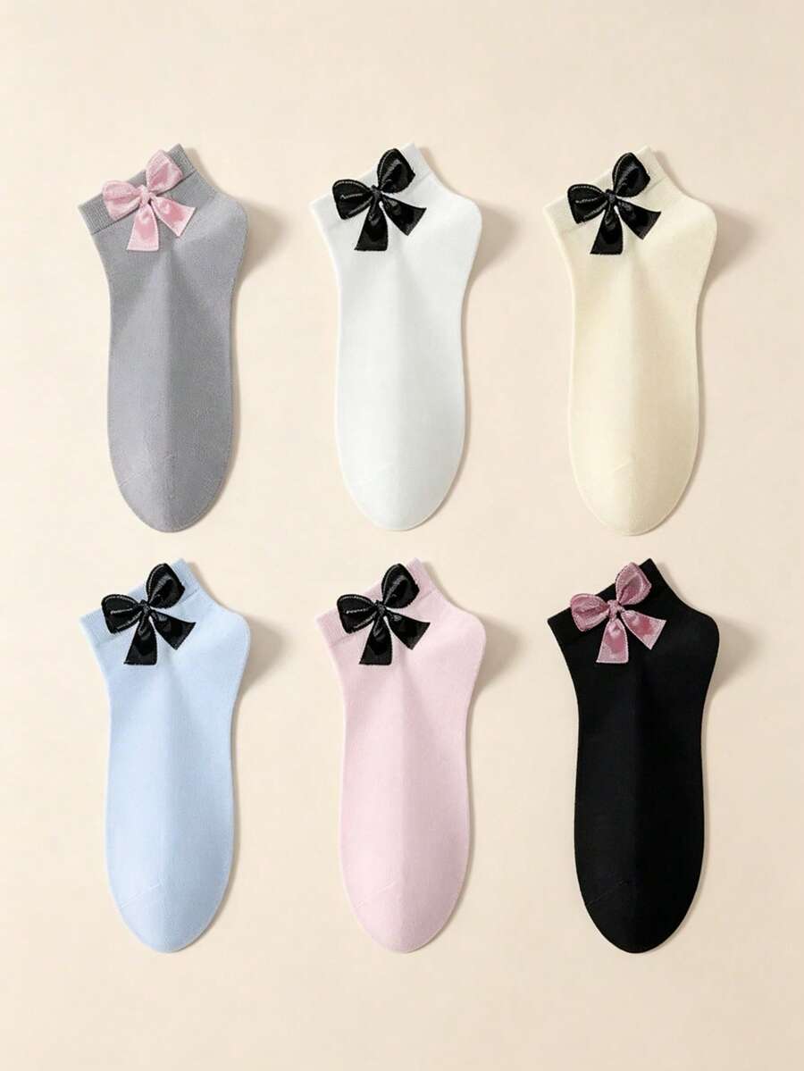 6 Pairs Women's Short Socks, Spring/Summer Bowknot Ankle Socks, Fashionable & Minimalist, Soft & Comfortable Fabric, Skin-Friendly & Non-Irritating, Breathable & Non-Stuffy, Smooth Seams At Toe & Heel, No Loose Threads, Firm Ribbed Cuff, Durable, Suitable For Various Occasions - Multicolor - View 1