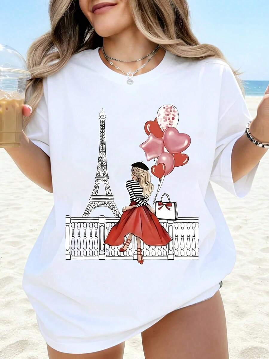 Women's White T-Shirt With Graphic Design Of The Eiffel Tower Of Paris, A Girl With Balloons And A Red Dress, Casual Summer Style For The Beach, Oversized T-Shirt For Vacation, Travel And - 白色 - 查看 1
