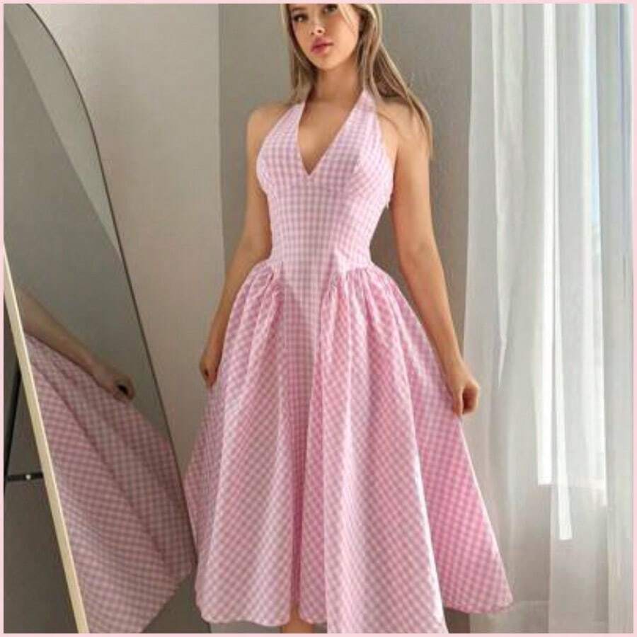Vestido casual de mujer con espalda anudada a cuadros - Rosa - Ver 1