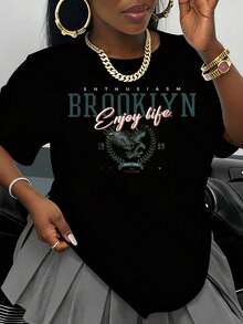 Women's White T-Shirt With Eagle Graphic "Brooklyn Enthusiasm Enjoy Life", Urban Fashion Casual Wear, New York Twin Cities 1989 Design, Oversized T-Shirt For Vera - 黑色 - 查看 1