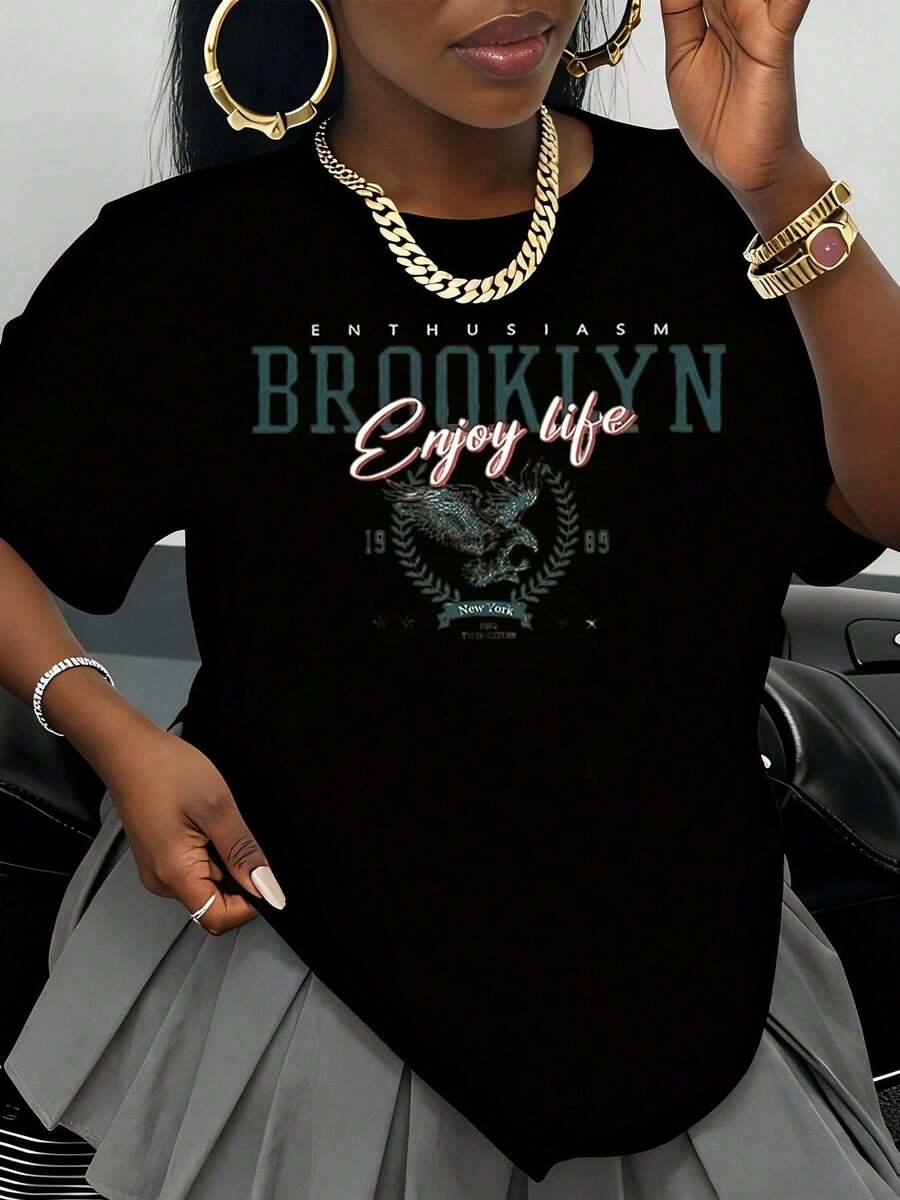 Women's White T-Shirt With Eagle Graphic "Brooklyn Enthusiasm Enjoy Life", Urban Fashion Casual Wear, New York Twin Cities 1989 Design, Oversized T-Shirt For Vera - 黑色 - 查看 1
