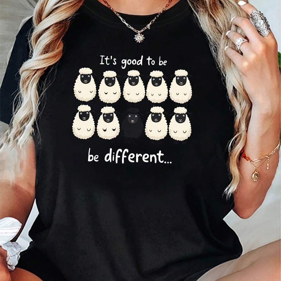 La adorable filosofía de abrazar las diferencias Camiseta de verano con cuello redondo para mujer con diseño de estampado flocado, ropa de mujer - Multicolor - Ver 1