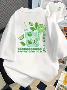 Camiseta estampada de manga corta con diseños frontales y traseros - Mojito, bebida de verano - Camiseta estampada de moda para mujer, primavera/verano, ¡tu mejor elección! - Blanco - Ver 2