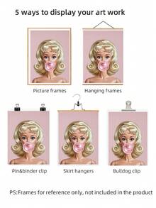 1pc Frameless Bubblegum Girl Pink Aesthetic Preppy Wall Art Print, Cute Poster For Bedroom Dorm Decor, Back To School, Funky Posters, Room Decor Gift - Cartoon - View 6