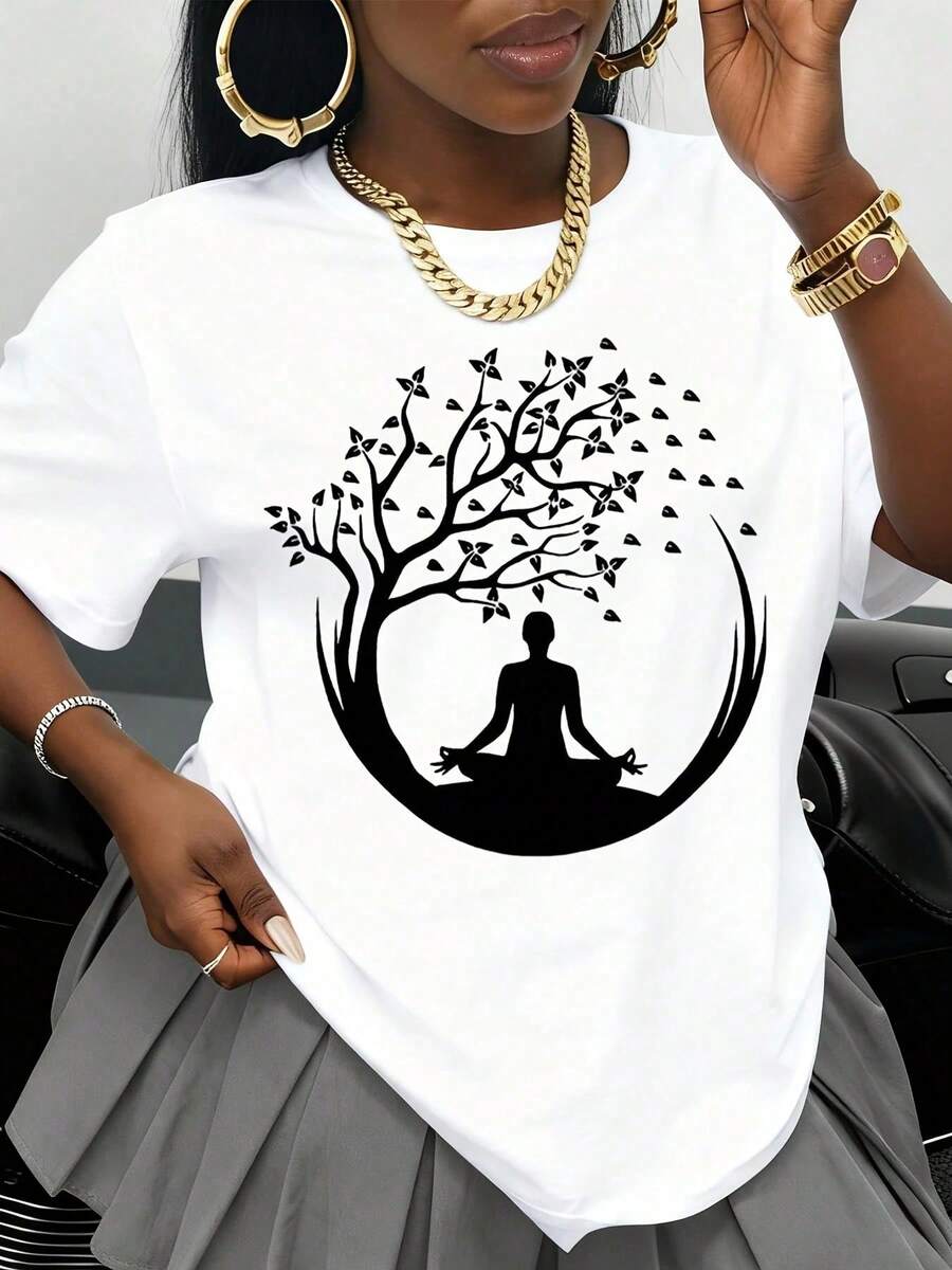 Camiseta Gráfica con Silueta de Árbol de Meditación y Yoga para Mujer, Diseño Espiritual en Blanco y Negro, Práctica de Mindfulness Zen, Ropa Casual Unisex, Camiseta de Moda de Verano - Blanco - Ver 1