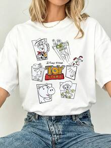 Disney Toy Story Line Art Tee, Black And White Character Print, Simple Retro Style, Ideal For Everyday And Streetwear. - 白色 - 查看 1