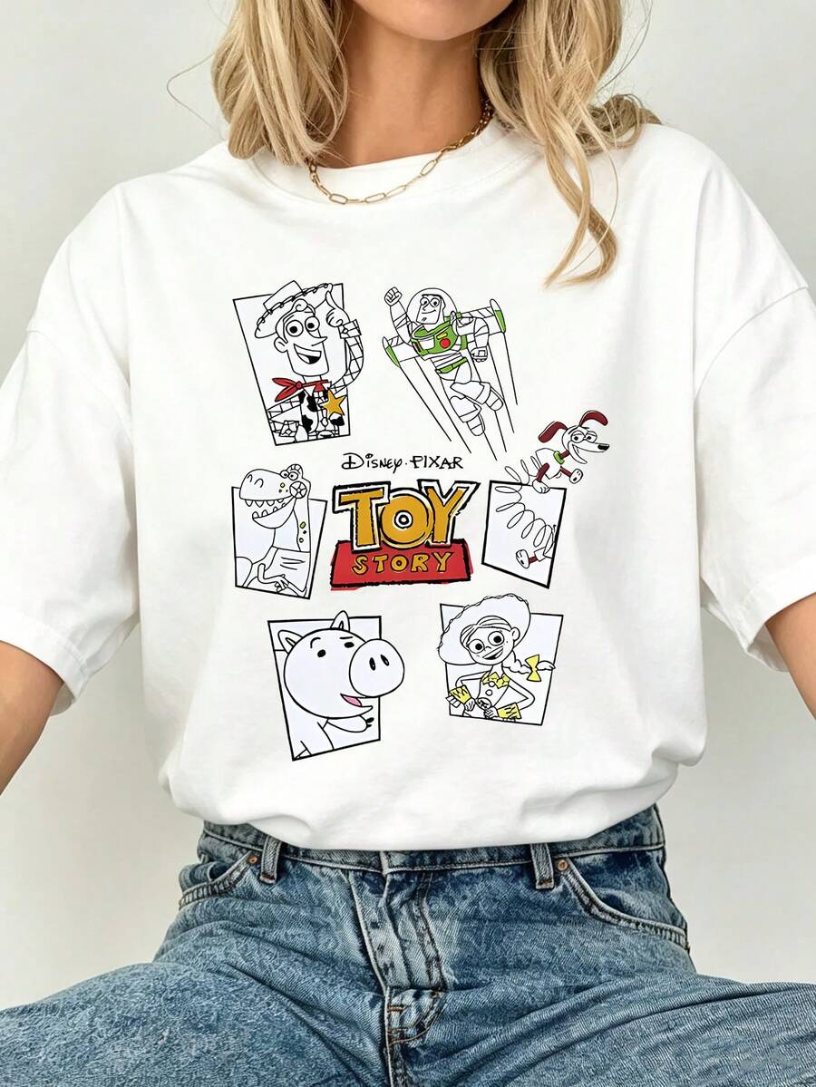 Disney Toy Story Line Art Tee, Black And White Character Print, Simple Retro Style, Ideal For Everyday And Streetwear. - 白色 - 查看 1