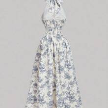 MOD Vestido largo con cuello halter en V de satén rojo con jacquard floral con lazo - Estilo barroco vintage, para citas, fiestas, glamour de corte, eventos festivos - Púrpura malva - Ver 3