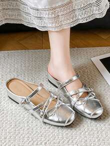 zuandashu Pantuflas cómodas y suaves estilo francés para mujer, zapatos planos sin talón con altura oculta elegante en color plateado con lazo, talla 34-42, adecuados para vestidos, oficina, interior/exterior, mocasines tipo mule, todas las estaciones - Plateado - Ver 9