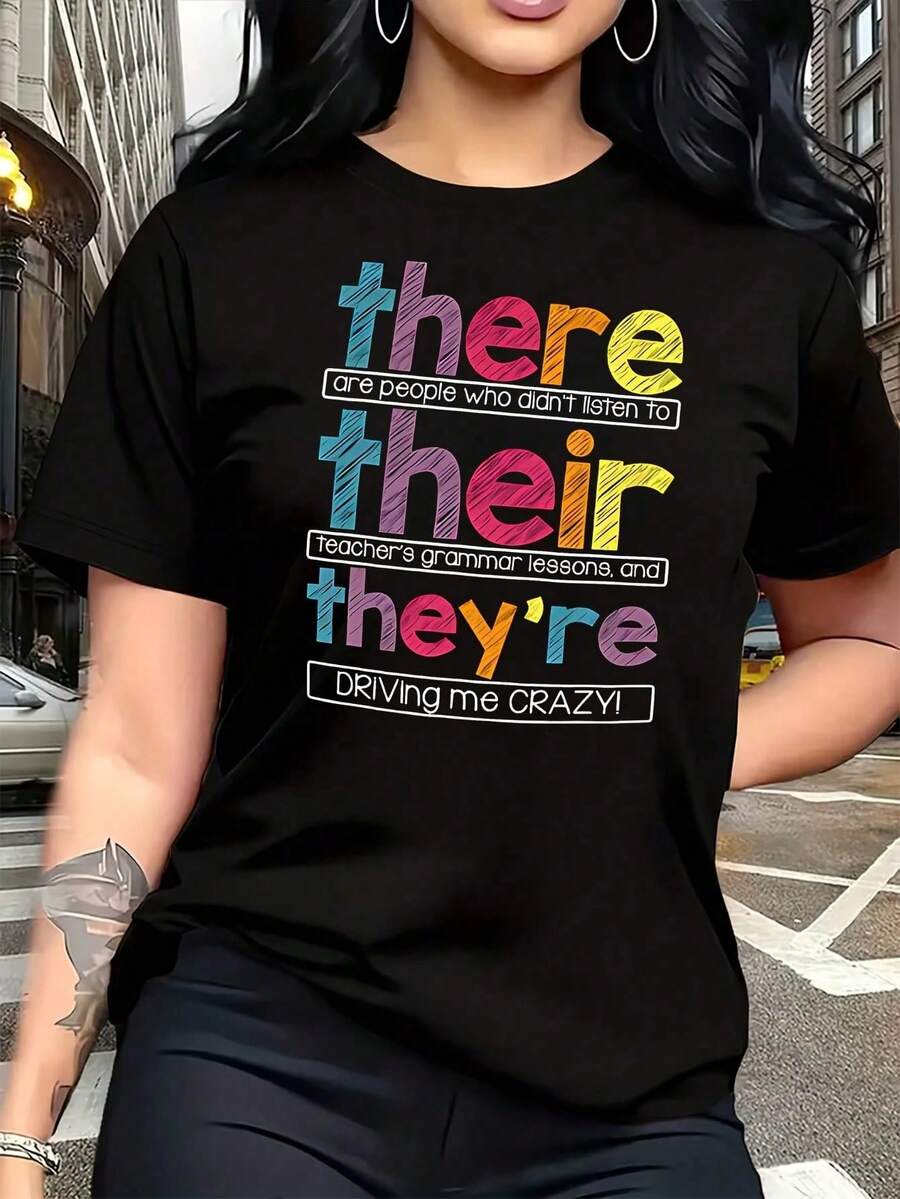 Camiseta de Mujer Talla Grande con Estampado de Letras 'There Their They're', Divertida, Gráfica, de Manga Corta, Novedosa, 100% Algodón, Cuello Redondo Casual, 220g - Negro - Ver 1