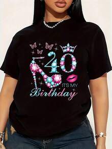 Camiseta de manga corta con estampado divertido "Es mi cumpleaños" para mujer, talla grande, 1 pieza, 100% algodón, cuello redondo, estilo casual, 220g - Negro - Ver 1