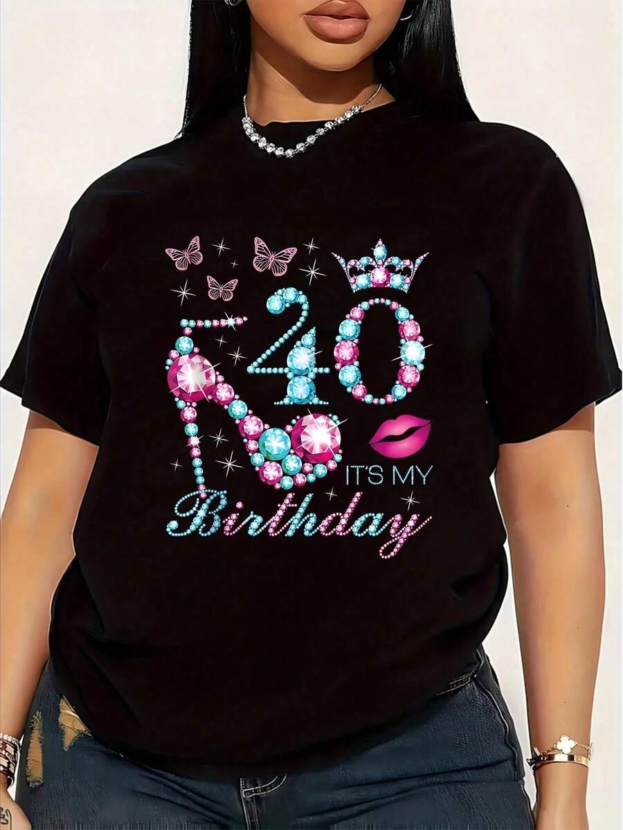 Camiseta de manga corta con estampado divertido "Es mi cumpleaños" para mujer, talla grande, 1 pieza, 100% algodón, cuello redondo, estilo casual, 220g - Negro - Ver 1