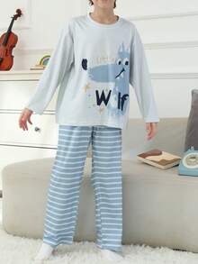 2pcs/Set Cartoon Boys Sleepwear, Blue Striped Children Pajamas, Autumn/Winter - Blue - View 1