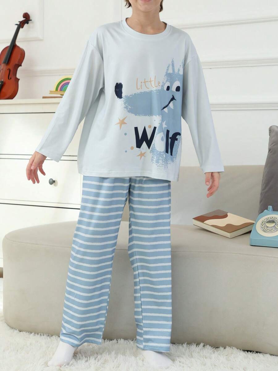 2pcs/Set Cartoon Boys Sleepwear, Blue Striped Children Pajamas, Autumn/Winter - Blue - View 1
