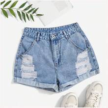 Pantalones cortos de mezclilla casuales y versátiles con bolsillos y efecto desgastado de unicolor - Blanco - Ver 2