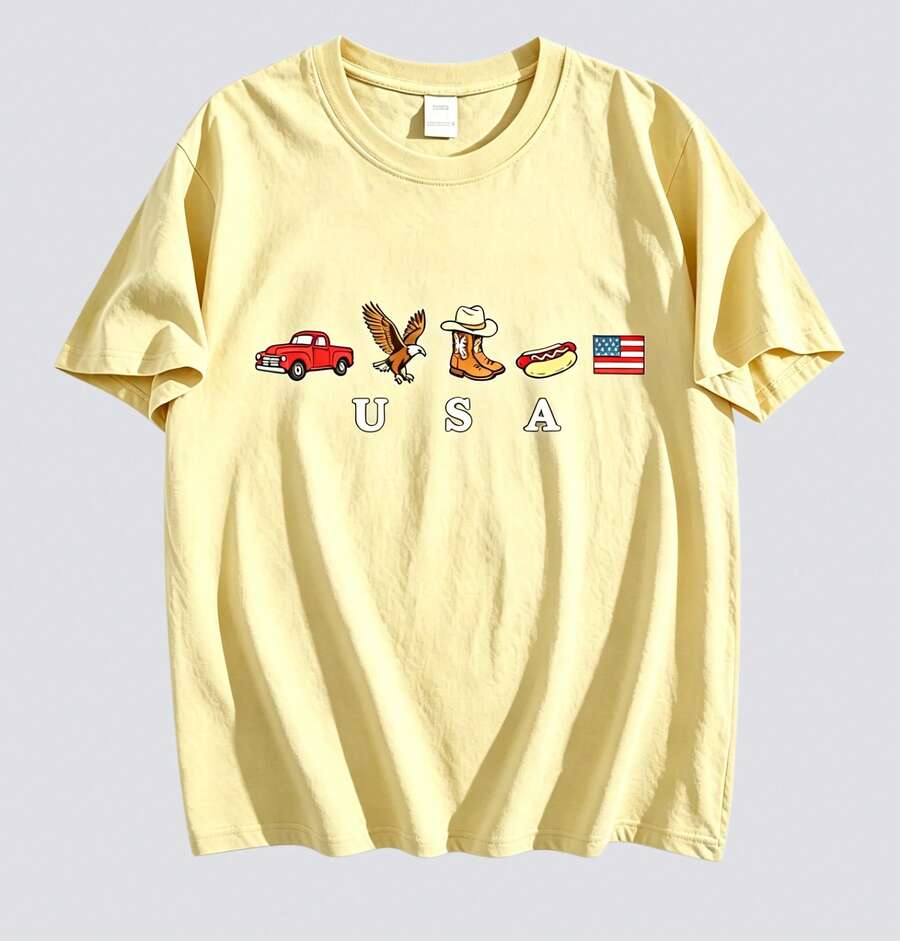 USA Icons T Shirt,American Flag T-Shirt,4th Of July Graphic Tee,Country Clothing,Western Outfits,Independence Day 250th America Anniversary Tee 2 - 黃色 - 查看 1