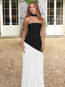 Vestido Mujer Elegante Moda Fiesta Bandejo Ajustado Liso Abertura Espalda Descubierta Cinta Flotante Estilo Europeo Nuevo - Blanco y Negro - Ver 3