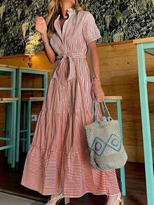 REFRESH YOUR WARDROBE NOW! New Women's Midi Dress, Elegant Striped Print, Short Sleeves, Flattering And Comfortable Loose Fit For Everyday Wear And The Office - 棕色 - 查看 8