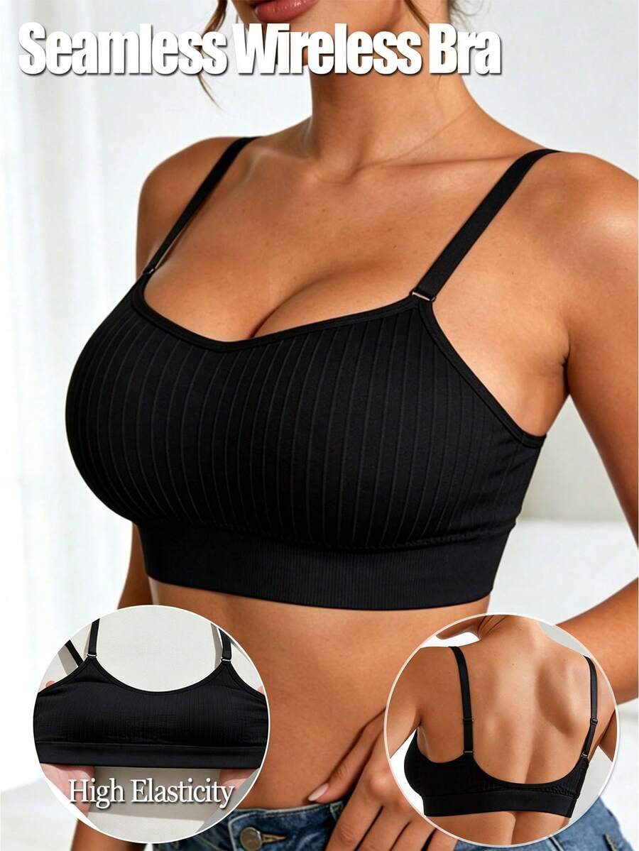 1pc Women's Backless Bra, Casual & Comfortable Wireless Bra With Ruffled Trim, Removable Padded Bra - Black - View 1