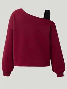 Tween Girl Heart Pattern Print Asymmetrical Neckline Long Sleeve Sweatshirt And Straight Leg Pants Set - Burgundy - View 4