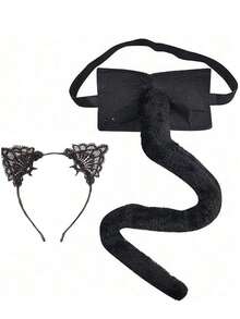 2pcs Festive Black Cat Headband + Long Tail Cosplay Prop Set - Black - View 7