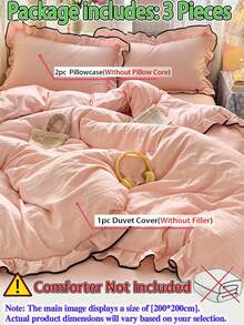 Juego de ropa de cama estilo princesa con volantes y ribete negro (1 Edredón + 2 Fundas de almohada), tela 100% poliéster suave y cómoda, adecuado para dormitorio, habitación de invitados, excelente como regalo - Albaricoque - Ver 2