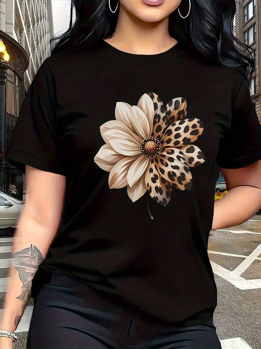 Women's Short-Sleeved, Round-Neck T-Shirt With A Modern Floral Print And Leopard Details. A Versatile Garment, Ideal For Leisure And Everyday Wear. - 黑色 - 查看 1