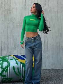 Women's Cropped High Neck Blouse Brazil World Cup Fan - Hijau - View 5