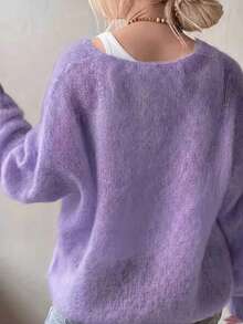 Women's Deep V-Neck Light Purple Mohair Pullover Knit Sweater, Hollow Out Fluffy Semi-Sheer Solid Color Loose Fit Versatile Top Fall - Purple - View 2