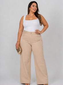 Women's Wide Leg Plus Size Pants, Chocolate Brown - 米色 - 查看 4