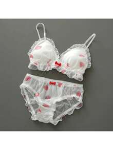 Fresh Style Students Lace Print Small Bust Cotton Lining Straps Bra Set. - With Pretty White Trim + M. - View 1